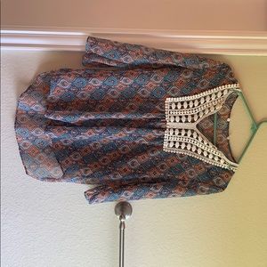 Blue and orange 3/4 sleeve blouse